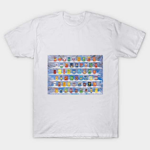 White cotton T-shirt featuring colorful vending machine print, casual style for everyday wear.