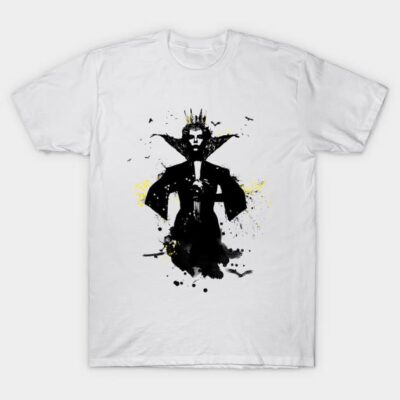 White graphic t-shirt with abstract black and yellow design, cotton material, casual wear.