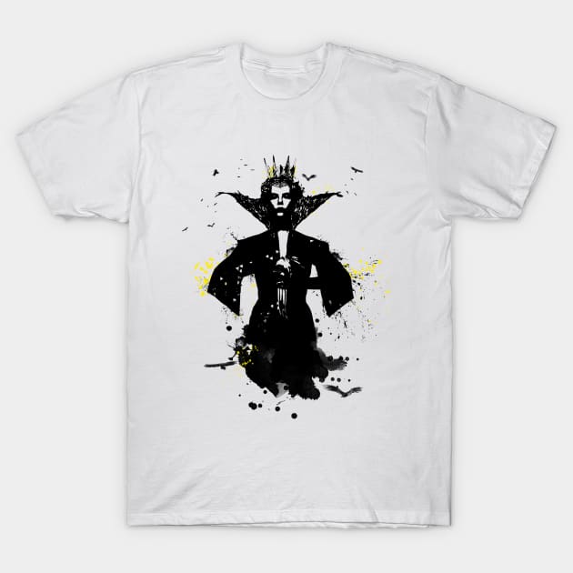 White graphic t-shirt with abstract black and yellow design, cotton material, casual wear.