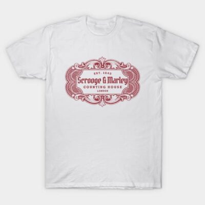 White unisex t-shirt featuring vintage red "Scrooge & Marley Counting House" graphic, casual cotton apparel.