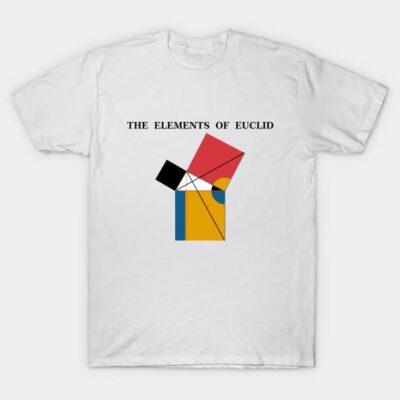 White T-shirt with geometric design and "The Elements of Euclid" text, featuring bold colors, casual wear.