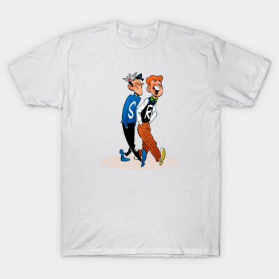 White t-shirt with cartoon characters, featuring vibrant colors and casual style, perfect for everyday wear.