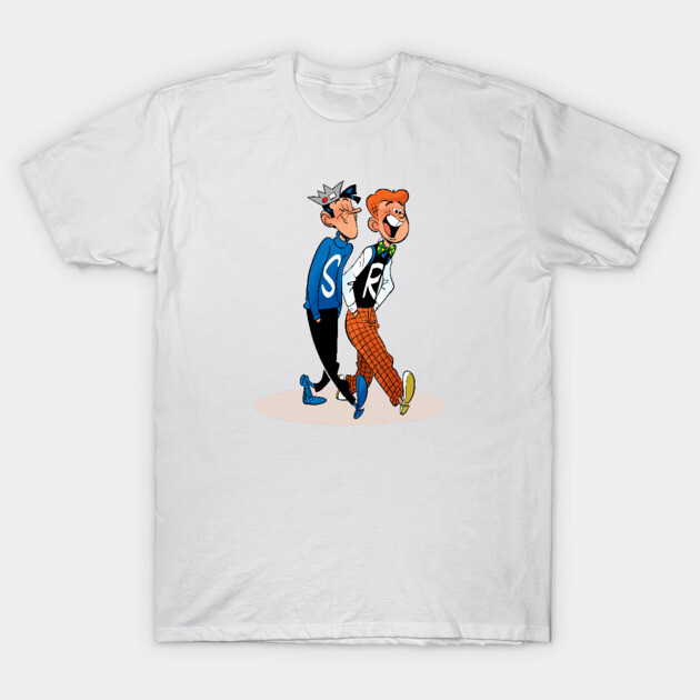White t-shirt with cartoon characters, featuring vibrant colors and casual style, perfect for everyday wear.