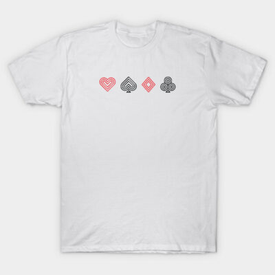 White cotton t-shirt with minimalistic card suit symbols in red and black, casual style for everyday wear.