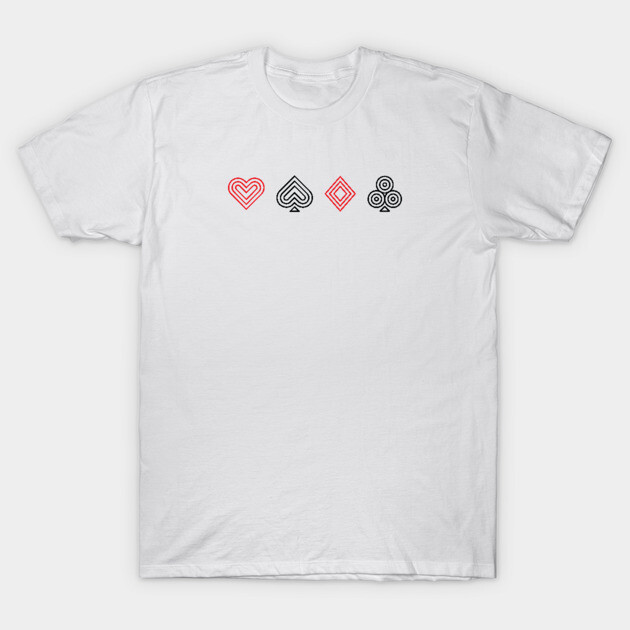 White cotton t-shirt with minimalistic card suit symbols in red and black, casual style for everyday wear.