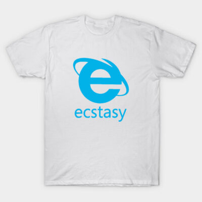 White t-shirt with blue "ecstasy" logo, casual style, comfortable cotton, ideal for everyday wear.