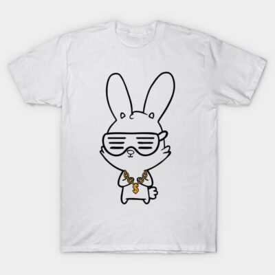 White T-shirt with cool bunny graphic, wearing sunglasses and a gold chain, casual style, cotton fabric.
