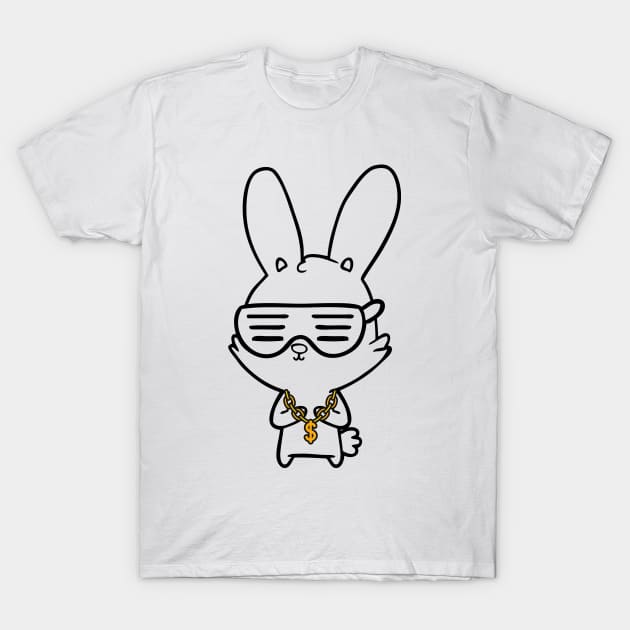 White T-shirt with cool bunny graphic, wearing sunglasses and a gold chain, casual style, cotton fabric.