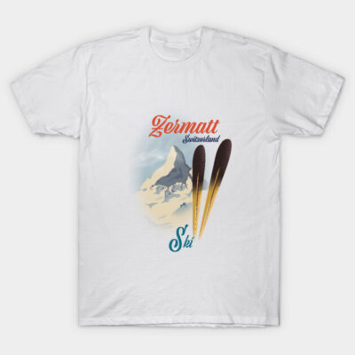White Zermatt ski-themed t-shirt featuring mountain design, perfect for winter sports enthusiasts and casual wear.