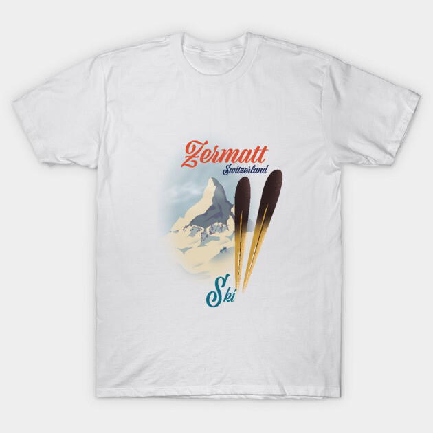 White Zermatt ski-themed t-shirt featuring mountain design, perfect for winter sports enthusiasts and casual wear.