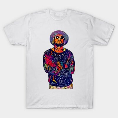 White t-shirt with colorful geometric abstract design, casual wear, cotton material, unisex style.