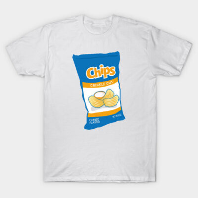 White t-shirt with crinkle cut chips graphic, cheese flavor design, casual style, 100% cotton. Perfect for snack lovers.