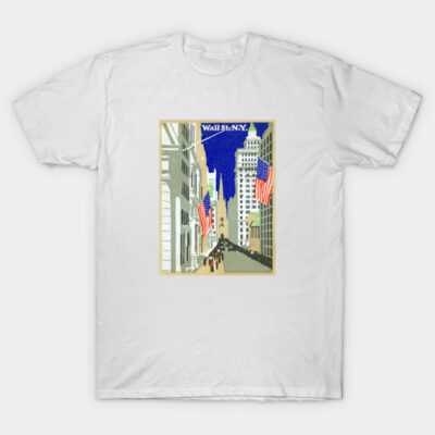White t-shirt with Wall Street NYC graphic, featuring American flags and skyscrapers, casual cotton wear.