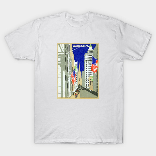 White t-shirt with Wall Street NYC graphic, featuring American flags and skyscrapers, casual cotton wear.