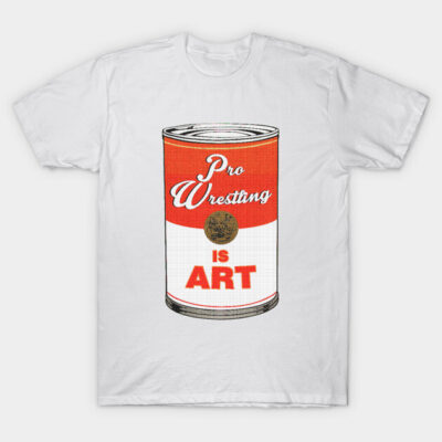 White t-shirt with retro-style "Pro Wrestling is Art" graphic, featuring a red and white can design, casual wear.