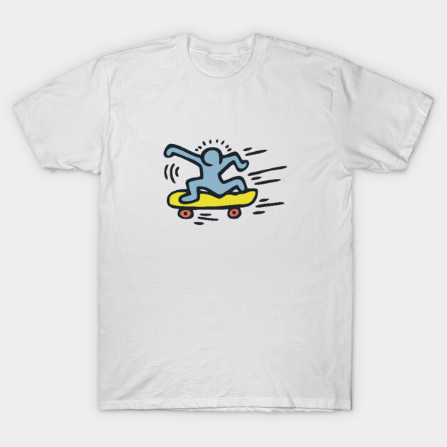 White graphic t-shirt featuring colorful skateboard design, casual style, cotton material, ideal for everyday wear.