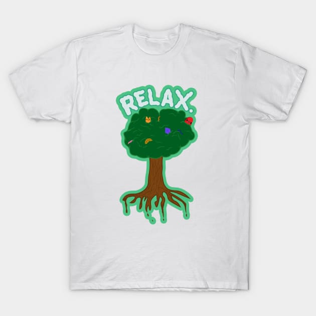 White t-shirt with green tree graphic and "RELAX" text, casual style, cotton material, perfect for everyday wear.