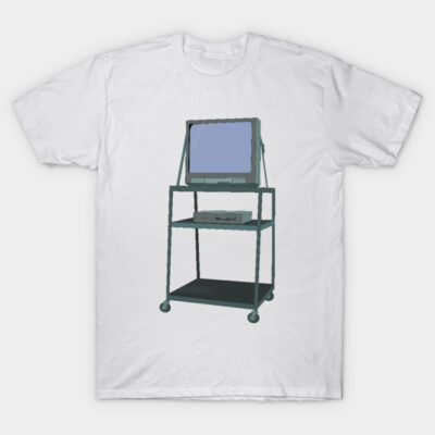 White T-shirt with vintage TV on cart graphic, short sleeve, casual style, unisex cotton tee for everyday wear.