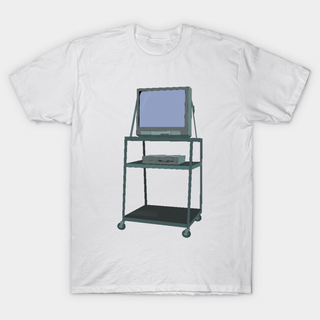White T-shirt with vintage TV on cart graphic, short sleeve, casual style, unisex cotton tee for everyday wear.