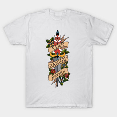 White T-shirt with "Read Banned Books" print, colorful floral design, casual style, cotton material, unisex fit.