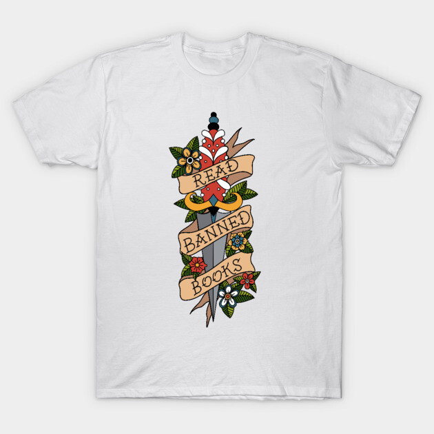 White T-shirt with "Read Banned Books" print, colorful floral design, casual style, cotton material, unisex fit.