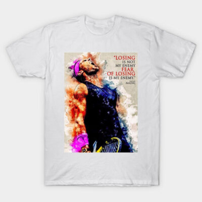 White cotton t-shirt with motivational tennis player graphic and quote, casual sportswear for everyday use.