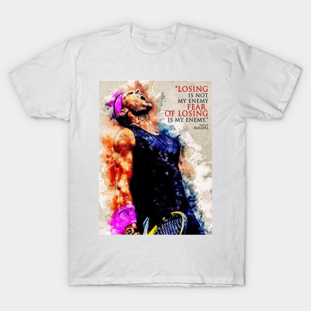 White cotton t-shirt with motivational tennis player graphic and quote, casual sportswear for everyday use.