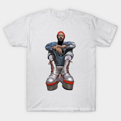 White graphic t-shirt featuring artistic design of seated figure in red beanie and silver platform shoes. Casual fashion.