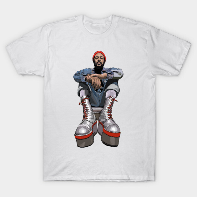 White graphic t-shirt featuring artistic design of seated figure in red beanie and silver platform shoes. Casual fashion.