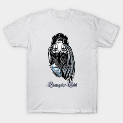 White T-shirt with monochrome graphic of masked girl, urban style, casual wear, 100% cotton.