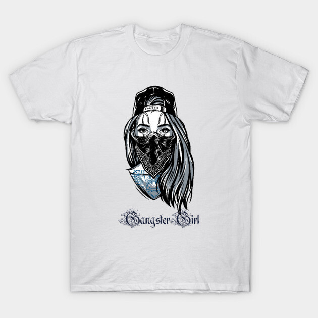 White T-shirt with monochrome graphic of masked girl, urban style, casual wear, 100% cotton.