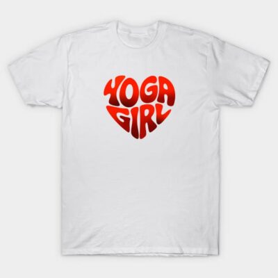 White "Yoga Girl" t-shirt, red heart design, casual style, soft cotton material, perfect for yoga enthusiasts.