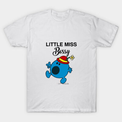 White cotton t-shirt with colorful cartoon character and "Little Miss Bossy" text, casual wear.