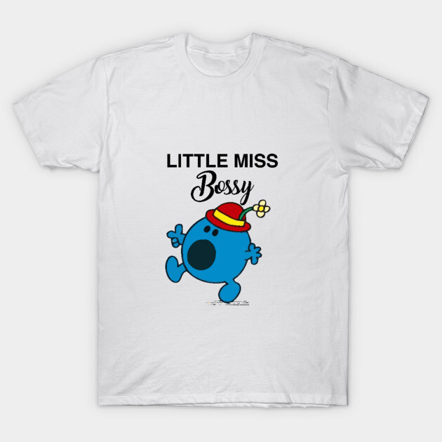 White cotton t-shirt with colorful cartoon character and "Little Miss Bossy" text, casual wear.