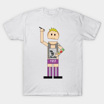 White graphic t-shirt featuring cartoon character with list and colorful arm design, casual and trendy style.