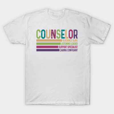 White T-shirt with colorful "Counselor" text design, ideal for teachers or mentors, made from soft cotton blend.