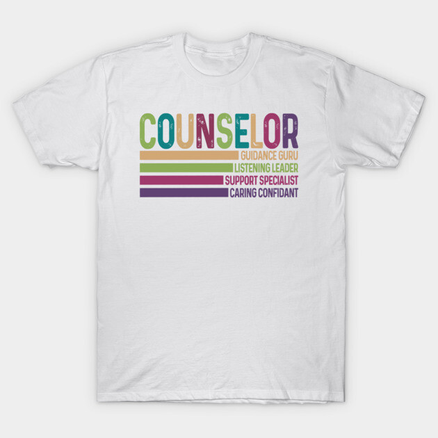 White T-shirt with colorful "Counselor" text design, ideal for teachers or mentors, made from soft cotton blend.