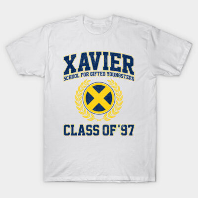 White cotton t-shirt with blue and yellow "Xavier School Class of '97" graphic, casual wear.