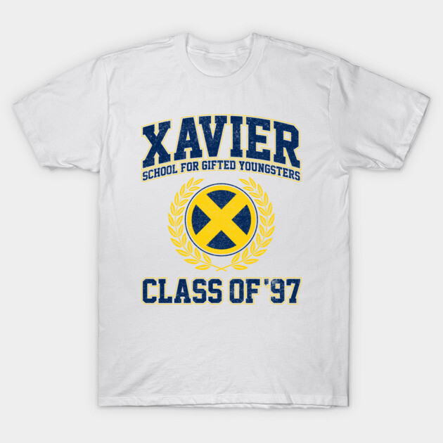 White cotton t-shirt with blue and yellow "Xavier School Class of '97" graphic, casual wear.