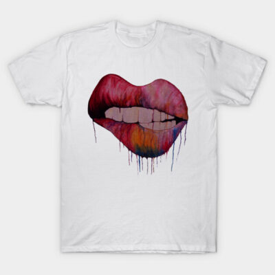 White t-shirt with colorful dripping lips graphic, casual style, soft cotton, perfect for everyday wear.