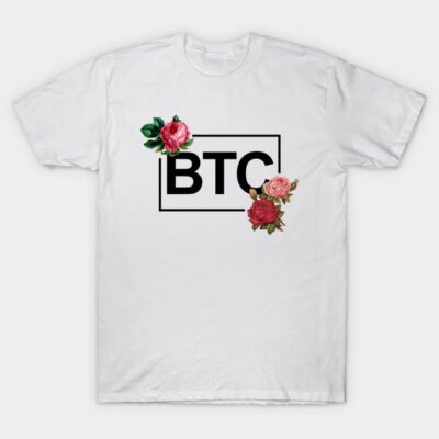 White t-shirt with "BTC" text and floral design, casual wear, cotton material, unisex style.
