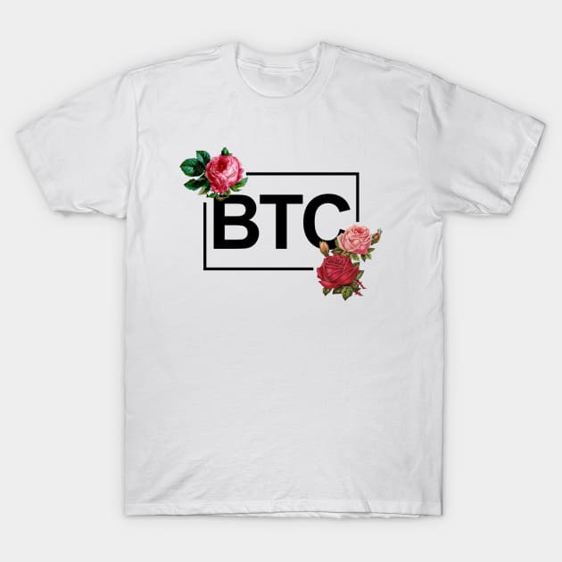 White t-shirt with "BTC" text and floral design, casual wear, cotton material, unisex style.