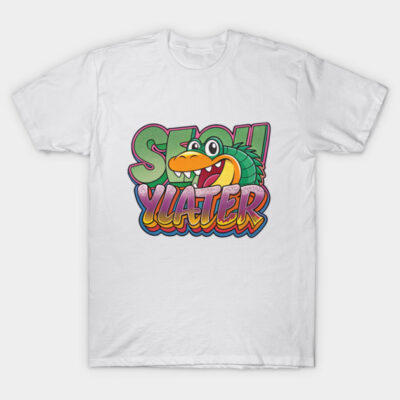 White cotton t-shirt with colorful cartoon snake design and "See You Later" text, casual and fun style.
