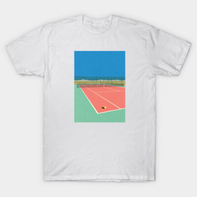 White t-shirt featuring a colorful tennis court graphic, casual style, perfect for sports enthusiasts or casual wear.
