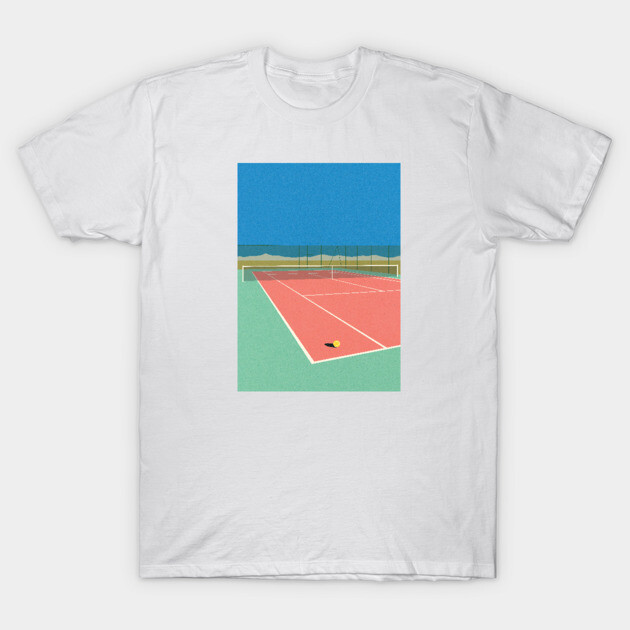 White t-shirt featuring a colorful tennis court graphic, casual style, perfect for sports enthusiasts or casual wear.
