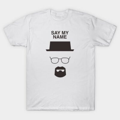 White graphic t-shirt with black hat, glasses, beard design, and "Say My Name" text, casual style, cotton material.
