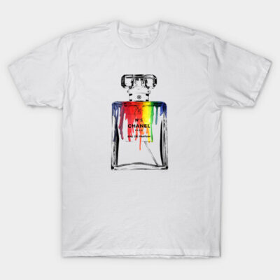 White t-shirt featuring colorful perfume bottle graphic, casual style, soft cotton material, unisex clothing.