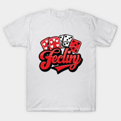 White graphic T-shirt with red and black dice and card design, casual style, cotton material, unisex.