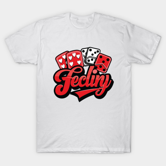 White graphic T-shirt with red and black dice and card design, casual style, cotton material, unisex.
