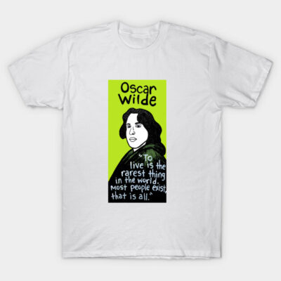 White graphic t-shirt with green background, featuring a literary quote and portrait illustration, ideal for casual wear.